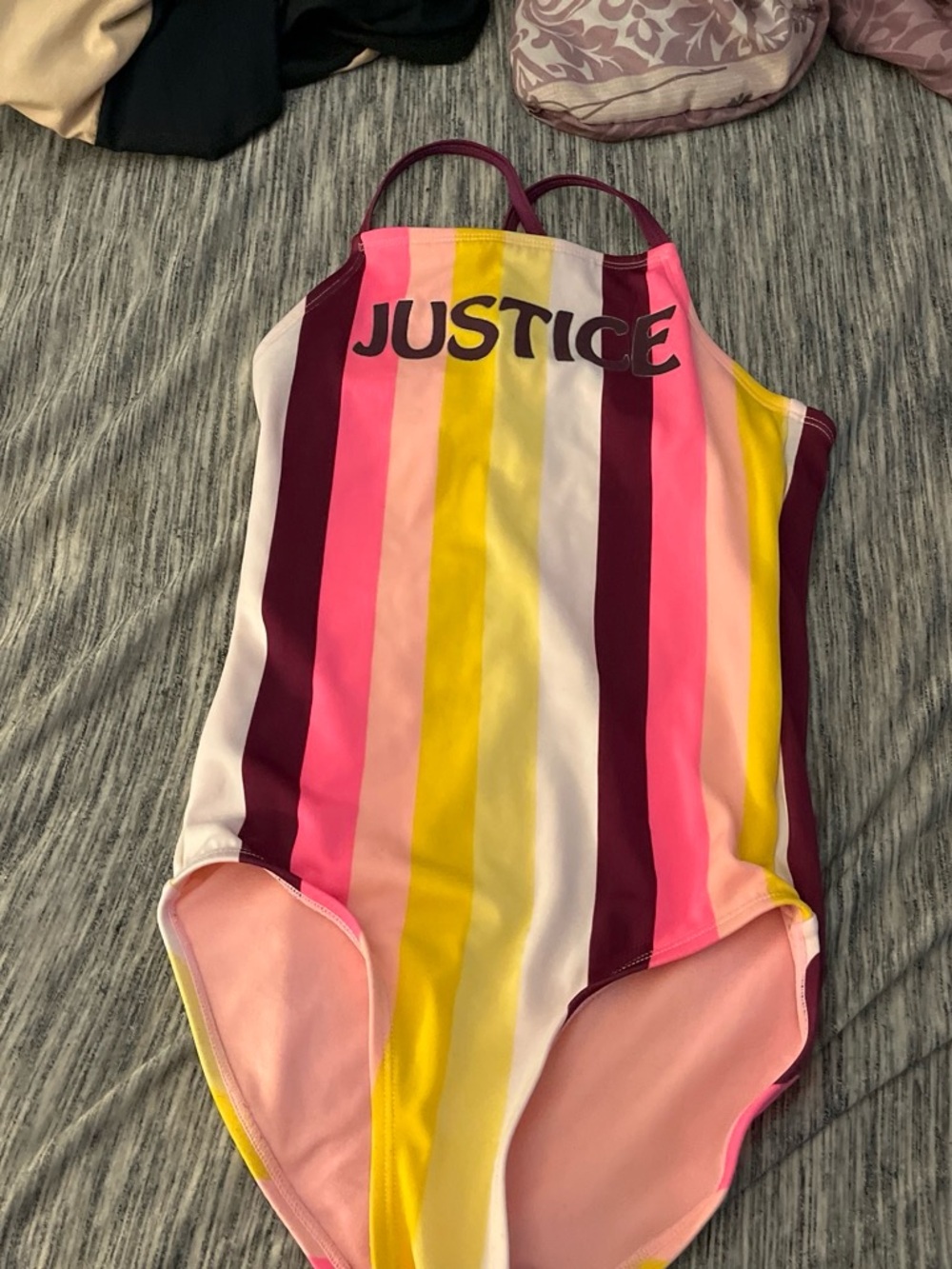 Justice Striped One-Piece Swimsuit in Pink, Yellow & Burgundy
